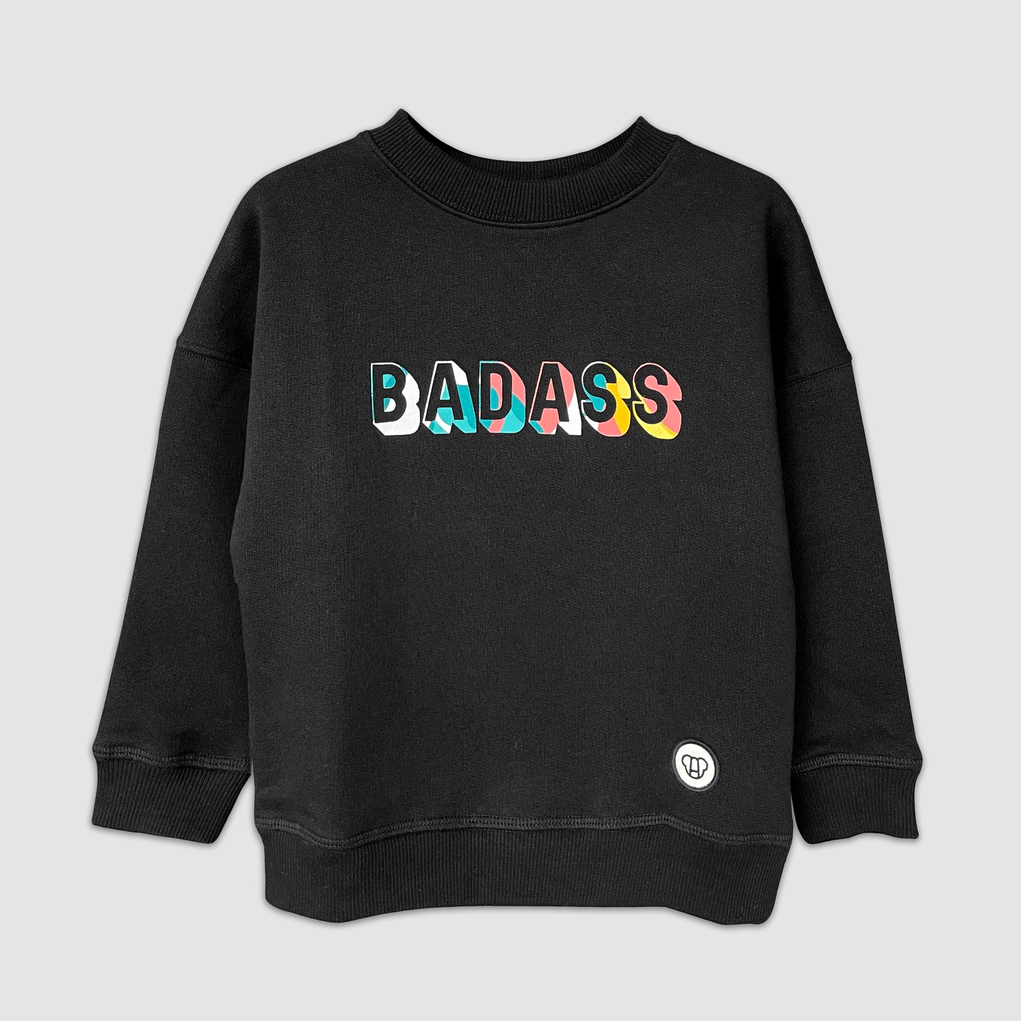 sweat streetwear cool pour enfant, noir, unisexe, coupe oversize en coton bio, motif imprimé Badass coloré