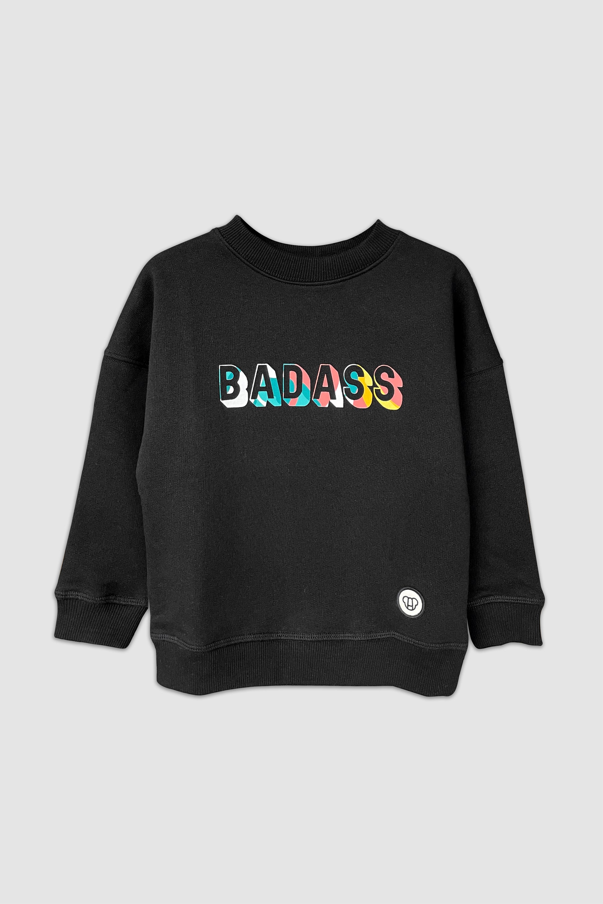 sweat streetwear cool pour enfant, noir, unisexe, coupe oversize en coton bio, motif imprimé Badass coloré