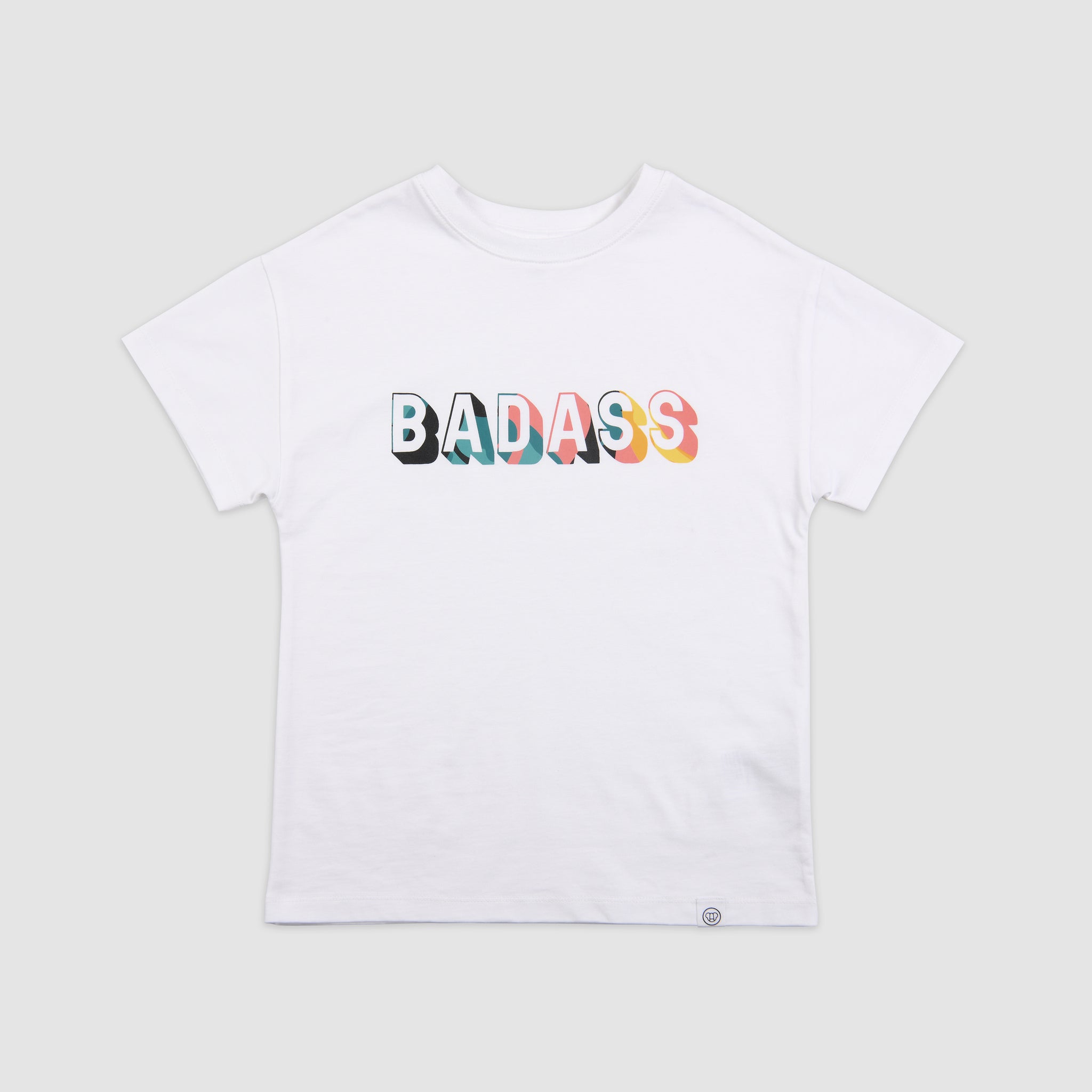 t-shirt blanc streetwear pour enfant, en coton bio, coupe oversize unisexe, motif cool imprimé Badass coloré, tissu doux