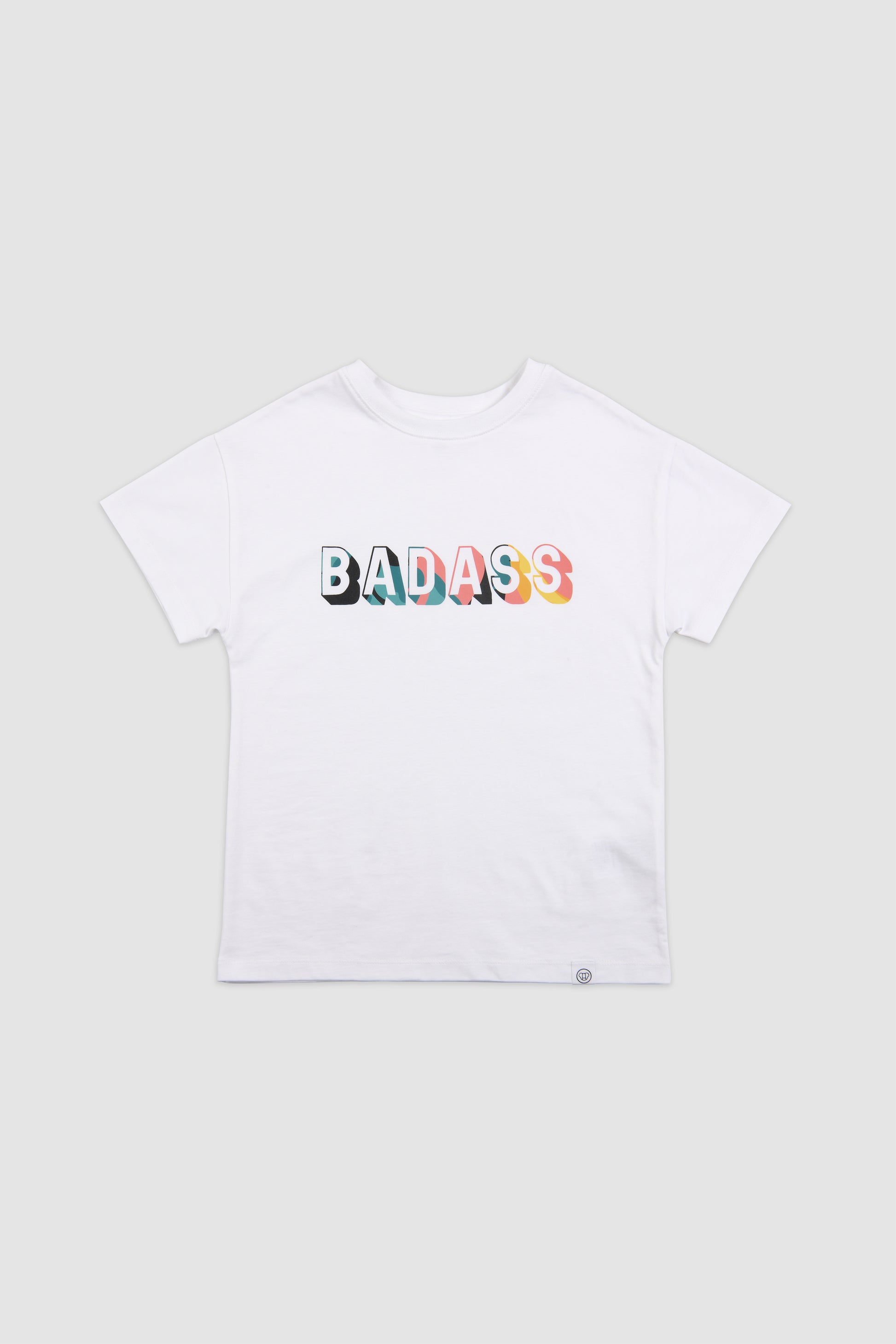 t-shirt blanc streetwear pour enfant, en coton bio, coupe oversize unisexe, motif cool imprimé Badass coloré, tissu doux