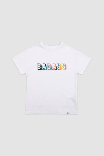 t-shirt blanc streetwear pour enfant, en coton bio, coupe oversize unisexe, motif cool imprimé Badass coloré, tissu doux