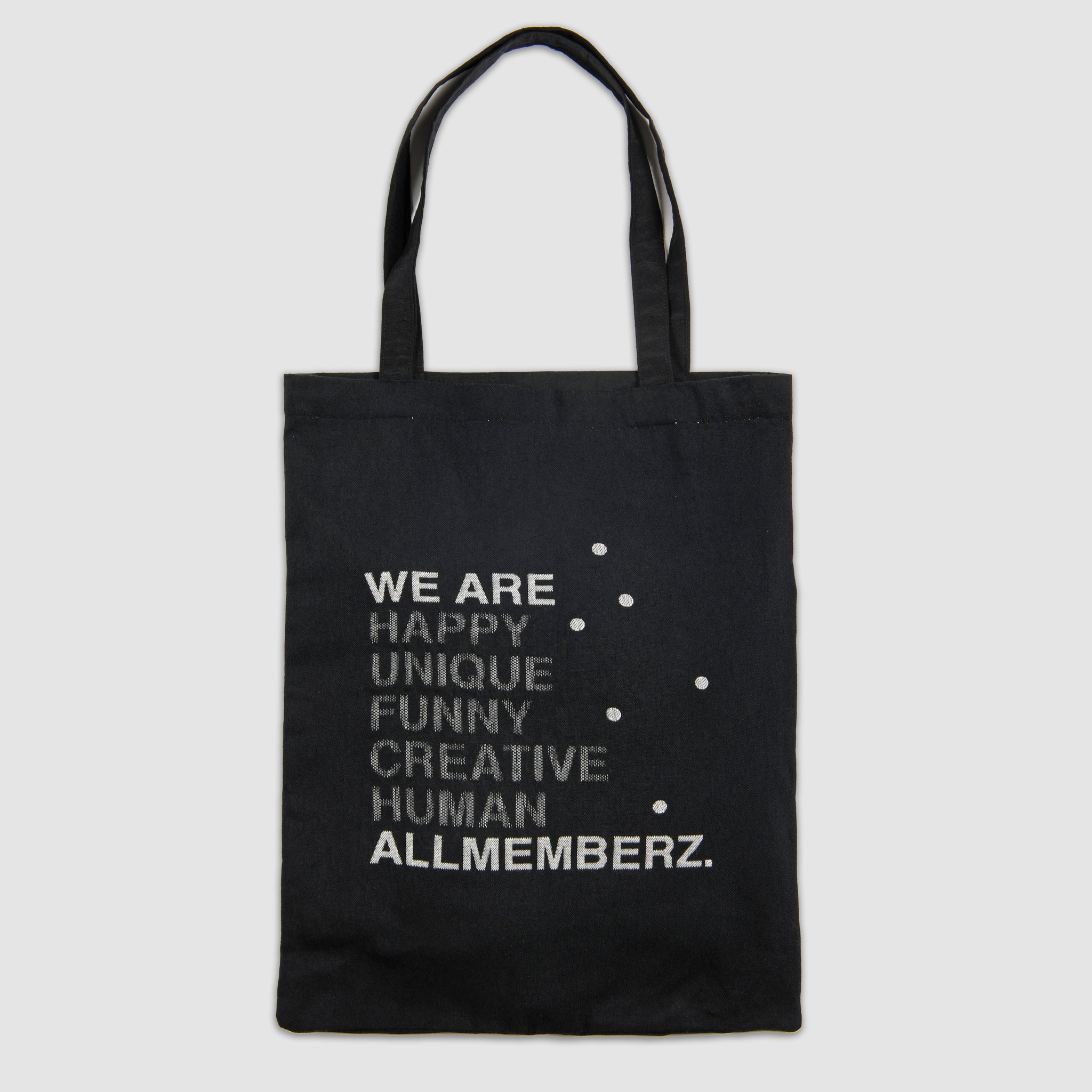 sac en toile tote bag noir Allmemberz, en coton et matériaux recyclés, fabriqué en France, avec message graphique